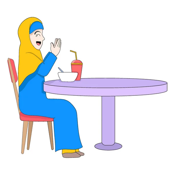 Hermosa Mujer Musulmana Rezando Durante Iftar Ramadhan Diseño Vectorial Ilustración — Archivo Imágenes Vectoriales