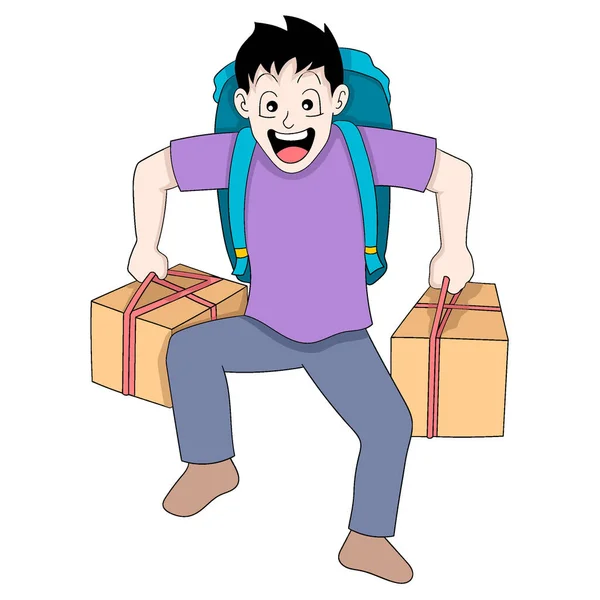 stock vector happy boy is walking carrying many things to go home. vector design illustration art