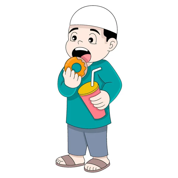 이슬람 소년은 라마단의 프타를 도넛을 먹으며 있습니다 디자인 일러스트 — 스톡 벡터