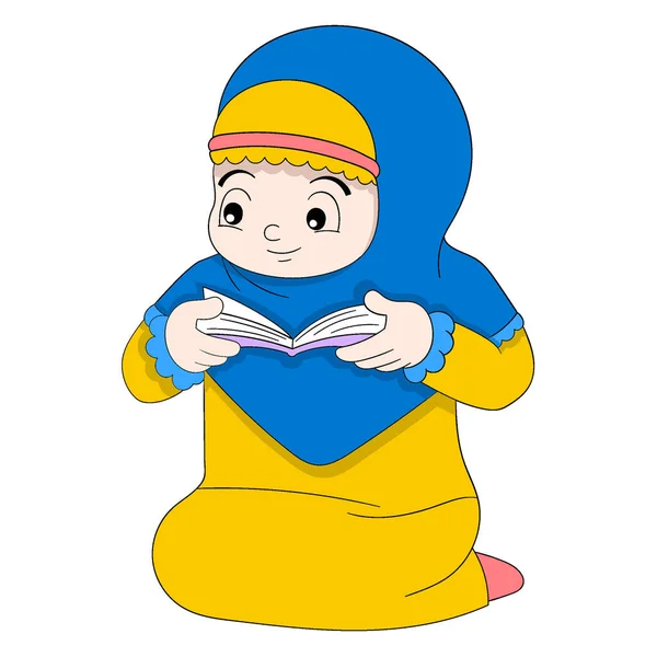 Chica Islámica Está Sentada Leyendo Sagrada Biblia Diseño Vectorial Ilustración — Vector de stock