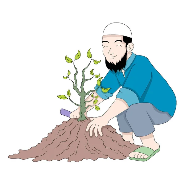 Homem Islâmico Realmente Ama Terra Plantando Plantas Reflorestamento Desenho Vetorial —  Vetores de Stock