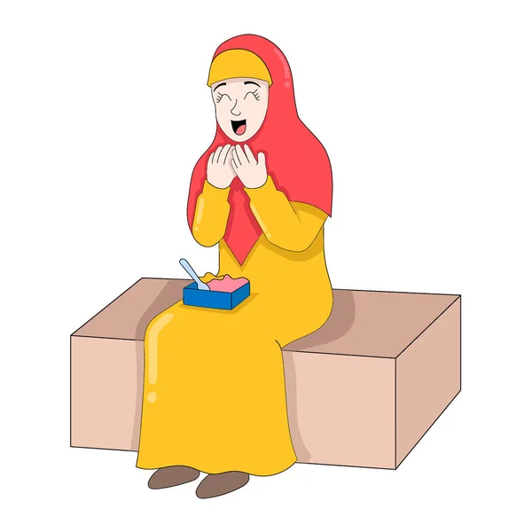 Młoda Islamska Dziewczyna Siedzi Gotowa Jedzenia Modląc Się Wektor Projekt — Wektor stockowy