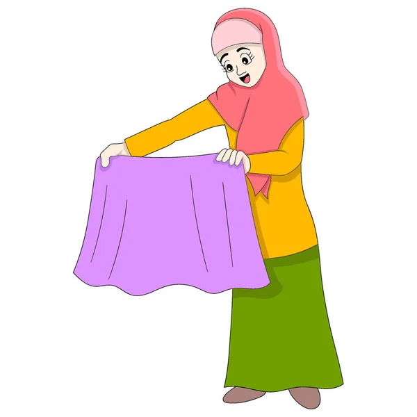Gyönyörű Iszlám Lány Tartja Tiszta Mosás Ruhákat Vektor Tervezés Illusztráció — Stock Vector