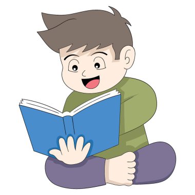 Çocuk mutlu bir şekilde oturuyor ve bilimi kitaptan, vektör tasarımı resimleme sanatından öğreniyor.