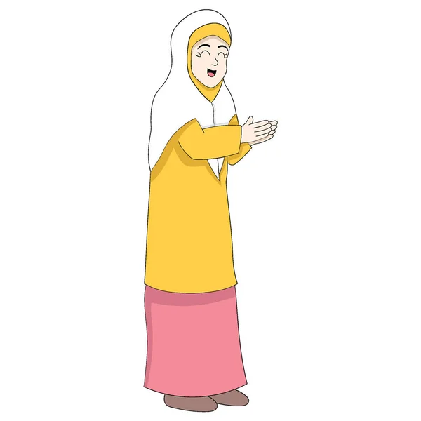 아름다운 이슬람 여성들은 친절하게 인사하며 악수를 권합니다 디자인 — 스톡 벡터