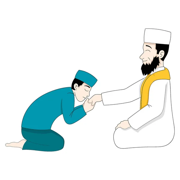 Islâmico Menino Está Beijando Seu Pai Mão Vetor Design Ilustração — Vetor de Stock