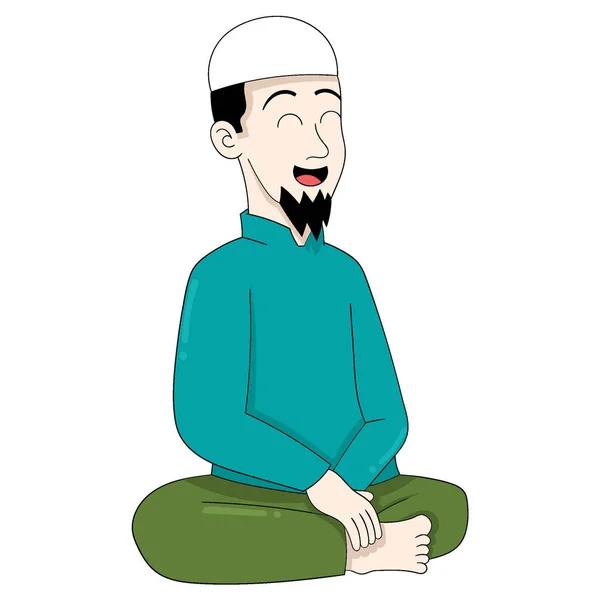 Homem Islâmico Está Sentado Amigável Sorrindo Feliz Arte Desenho Vetorial — Vetor de Stock