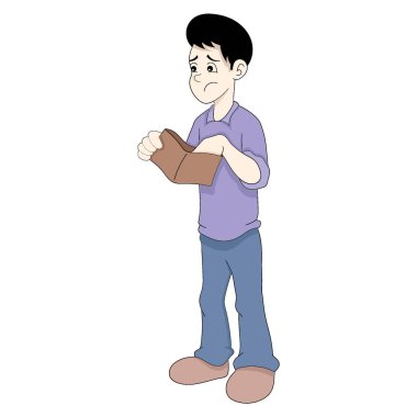 Boş bir cüzdan yüzünden üzgün bir yüzü olan zavallı bir adam. vektör tasarımı illüstrasyon sanatı