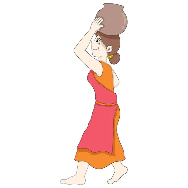 一个传统的乡村姑娘抬着木桶走在头顶上 矢量设计图解艺术 — 图库矢量图片