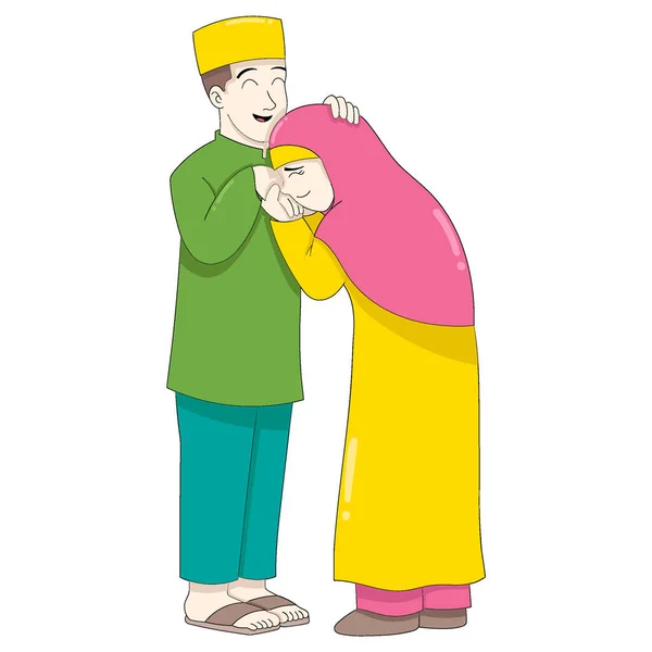 Tradição Islâmica Esposa Beijando Mão Marido Para Perdoar Outro Desenho —  Vetores de Stock