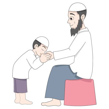 Çocuk babasıyla tokalaşıyor İslam geleneğinde birbirini affediyor. vektör tasarımı illüstrasyon sanatı