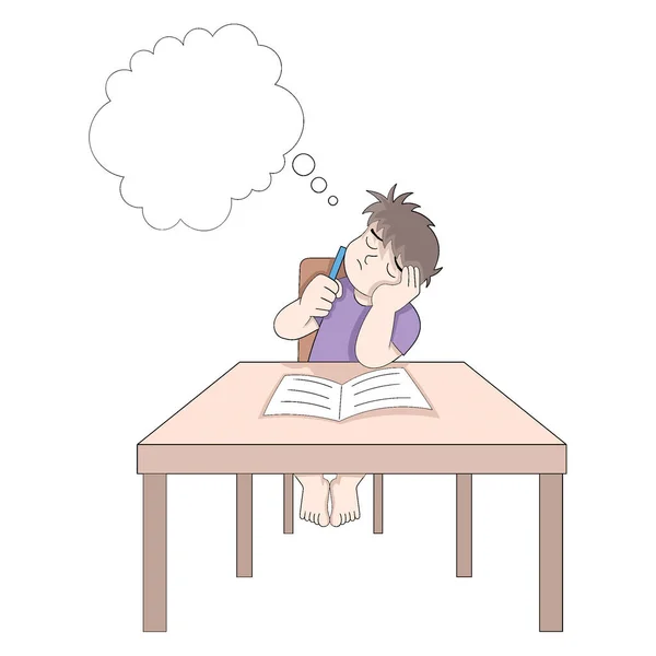 Αγόρι Κάθεται Και Διαβάζει Και Ονειροπολεί Σκληρά Για Τελειώσει Δουλειά — Διανυσματικό Αρχείο