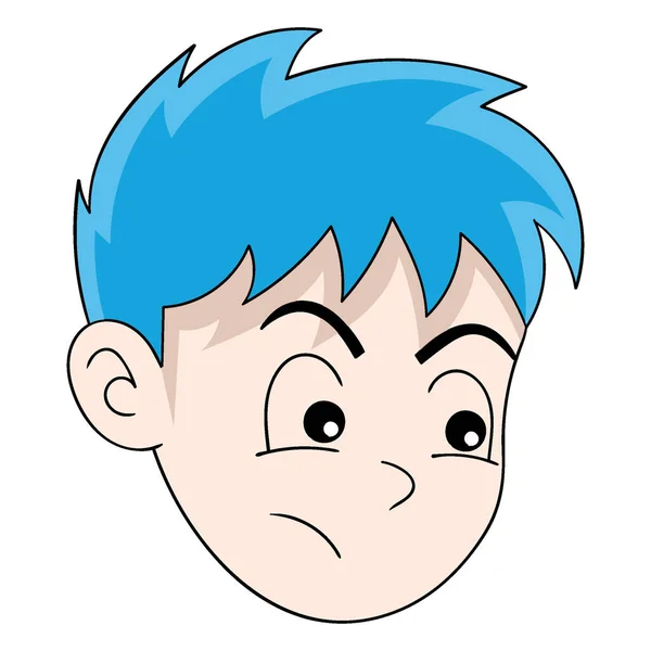 Emoticon Azul Cabelo Menino Cabeça Expressão Sério Foco Rosto Desenho — Vetor de Stock