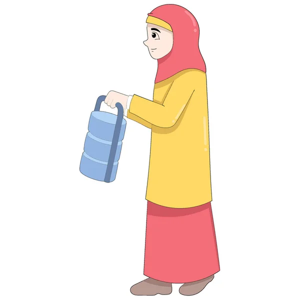イスラム教徒の女性は配達される食料のバスケットを運んでいる ベクターデザインイラストアート — ストックベクタ
