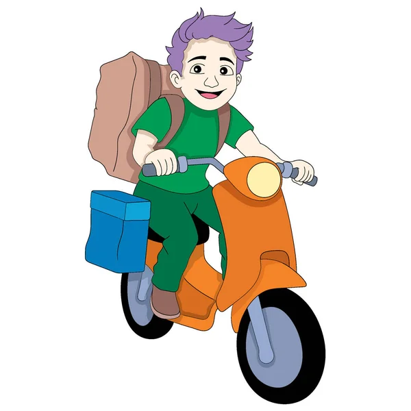 stock vector  vector design illustration art, Courier boy carrying ordered goods while riding a motorbike