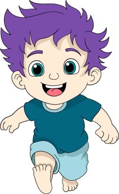 Mor saçlı bir erkek bebek koşuyordu.