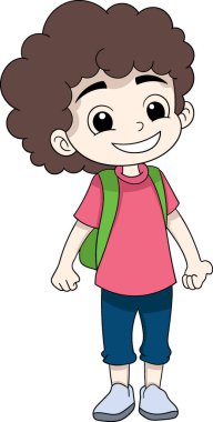 Kıvırcık kahverengi saçlı bir öğrenci okula mutlu bir yüzle gidiyor.