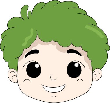 Dalgalı yeşil saçlı bir çocuğun kafası ve mutlu bir gülümsemesi.