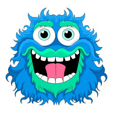 Kalın, kıvırcık saçlı, mavi ve yeşil renkli bir canavar.