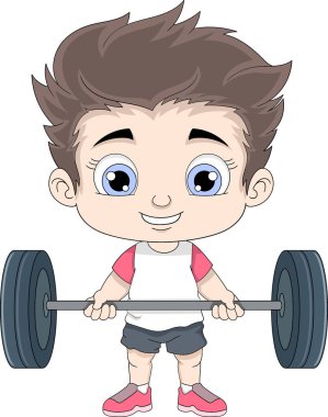 Küçük çocuk egzersiz yapıyor. Uzun koltuk değneklerini kaldırıyor. Kasları eğitiyor.