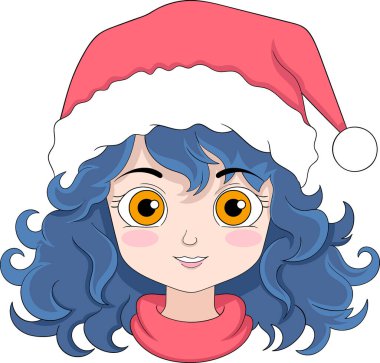 Kıvırcık saçlı, güzel mavi saçlı, çizgi film karakteri tasarımlı bir kızın kafası.