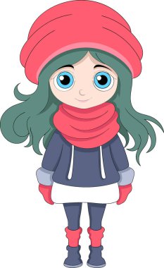 Uzun saçlı kız Noel 'de kışlık kıyafetler giyiyor. Çizgi film karakteri tasarımı.