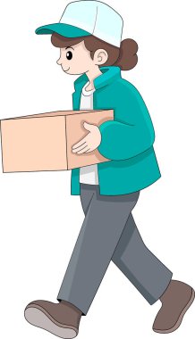 Yeşil üniformalı teslimatçı kız neşeli bir şekilde müşteri paketleri taşıyor, yaratıcı illüstrasyon tasarımı
