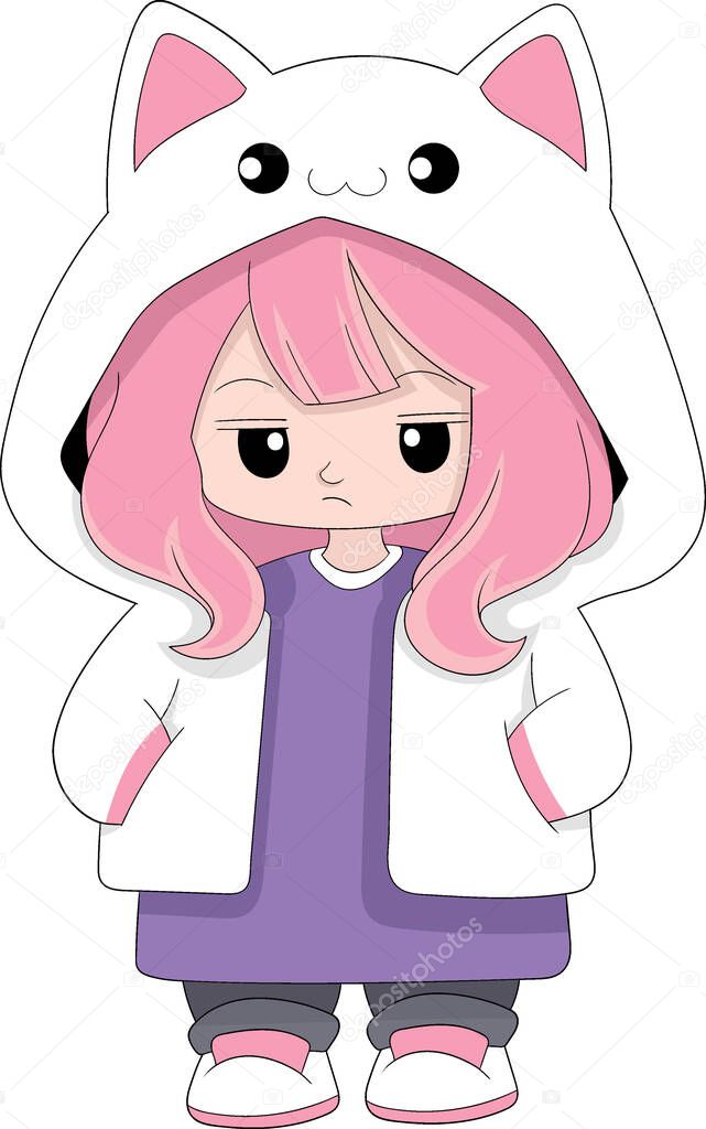 Girl with an arrogant face, cool appearance wearing a jacket costume, cat shaped hoodie, creative illustration design