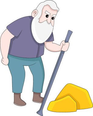 Bir altın parçası bulmanın hikayesi, yaşlı adam hazine buluyor, düz çizgi film çizimi.