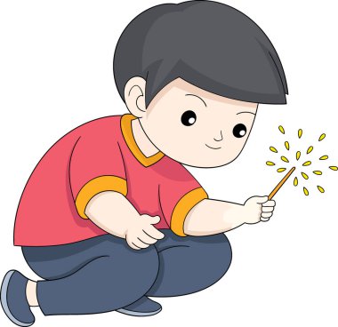 Çin Yeni Yıl kutlamaları, havai fişeklerle oynayan çocuk, düz çizgi film çizimleri.