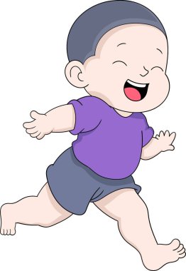 Bir çocuğun aktivitesinin resmi, kel bir çocuk tatildeyken mutlu bir yüzle etrafta koşuşturuyor, düz çizgi film çizimi.