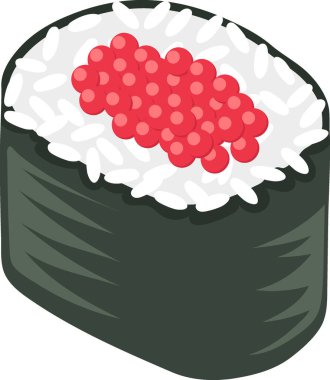 Japon yemek ikonu, yosunlara sarılmış pirinç topu suşisi kırmızı somon yumurtası, yaratıcı çizimler. 