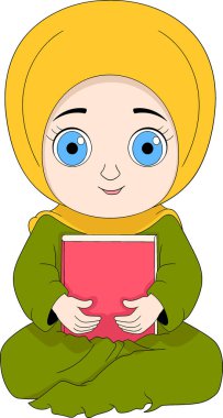 İslami karikatür çizimi, tesettür takan Müslüman bir kız kutsal kitaba sarılıyor, yaratıcı çizimler yapıyor. 