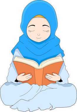 İslami karikatür çizimi, tesettür takan Müslüman bir kız kutsal kitabı okuyor ve anlıyor, yaratıcı çizimler yapıyor. 