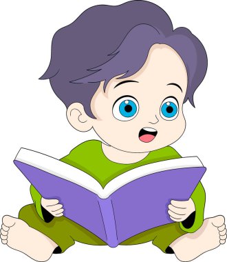 Eğitici karikatür çizimi, küçük çocuk heyecanlı bir yüzle oturmuş hikaye kitabı okuyor, yaratıcı çizimler yapıyor. 