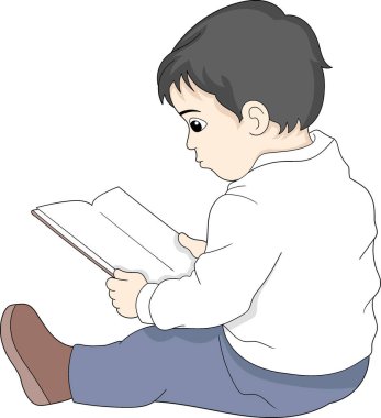 Eğitici karikatür çizimi, çocuk oturmuş bir bilim kitabı okuyor sınav için anlayış, yaratıcı çizim. 