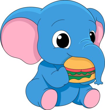 Şirin bir karikatür hayvan karalama amblemi, şişman mavi bir fil oturmuş büyük bir burger yiyor, yaratıcı çizimler yapıyor. 