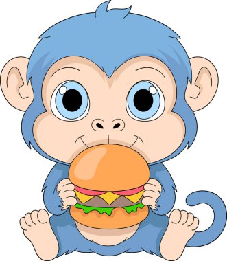 Çizgi film çizimi, mavi bir maymun oturmuş lezzetli bir burger yiyor, yaratıcı çizimler yapıyor. 