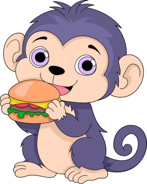 Çizgi film çizimleri, mor bir bebek maymun büyük lezzetli bir burger yiyor, yaratıcı çizimler. 