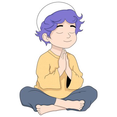 karikatür çizimi dini aktiviteler yapan insanları gösteriyor, Müslüman adam gözleri kapalı oturup dua ediyor, yaratıcı çizimler yapıyor. 