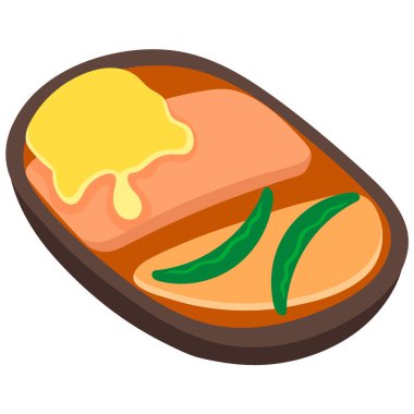 Nesnelerin düz tasarımı, lezzetli çorbalı Japon yemekleri, domuz eti ve edamame parçaları, yaratıcı çizimler. 