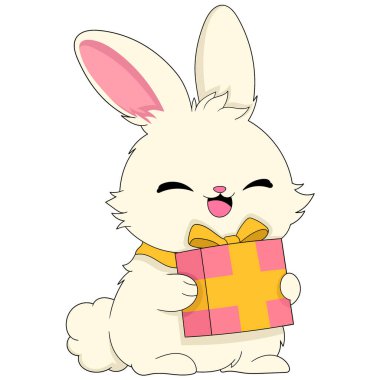 Paskalya kutlaması karikatür çizimi, sarı tavşan hediye kutusu taşıyor, yaratıcı çizimler yapıyor. 