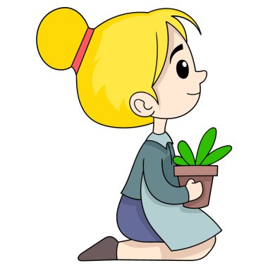 Kadın aktivitelerinin karalama çizimi, doğa aşığı bir kız elinde saksıda oturmuş, yaratıcı çizimler yapıyor. 