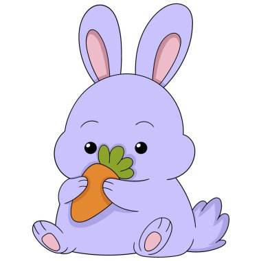 Şirin bir çizgi film hayvanının karalama çizimi, mor bir tavşan oturmuş havucunun keyfini çıkarıyor, yaratıcı çizimleriyle. 