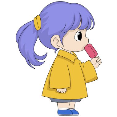 Çocuk aktivitelerinin karikatür çizimi, küçük kız okuldan eve dönerken dondurma yiyor, yaratıcı çizimler yapıyor. 