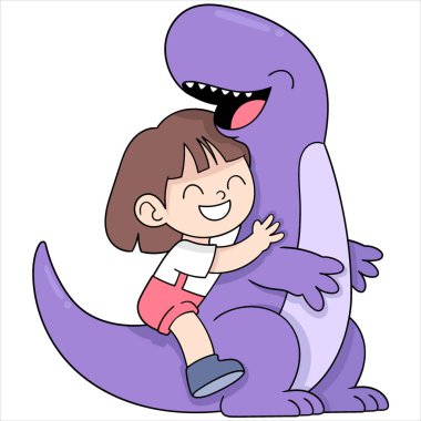 Mutlu bir çocuğun çizgi film karalaması, büyük ve şirin bir dinozor bebeğiyle oynayan bir kız.