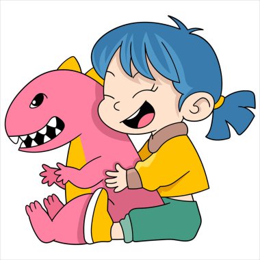 Mutlu bir çocuğun karikatür çiziminin çizimi, dinozor bebeğiyle oynayan bir kız.