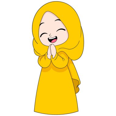 Mübarek bayramını kutlayan Müslümanların karalama resmi, sarı tesettürlü güzel bir kız gelen misafirleri karşılıyor.