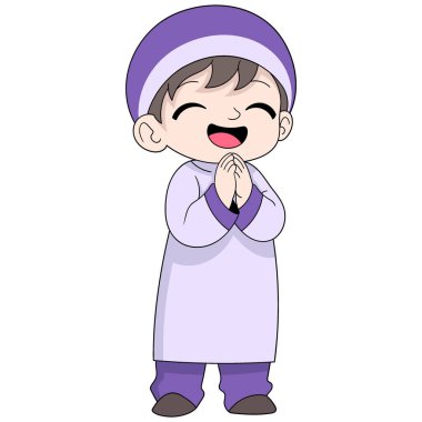 Mübarek bayramını kutlayan müslümanların karalama karikatürü. Dost canlısı yüzlü genç bir çocuk hoş geldin diyor.