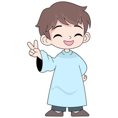 Mübarek bayramını kutlayan müslümanların karalama karikatürü, dini kutlamayı karşılayan mutlu yüzlü genç çocuk.